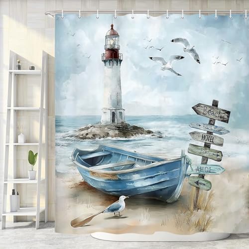 Nautical Coastal Shower Curtain, Ocean Beach Lighthouse Shower Curtain, Blue Teal Seasides Sailboat Bathroom Accessories Fabric Waterproof with Hooks, 72X72in