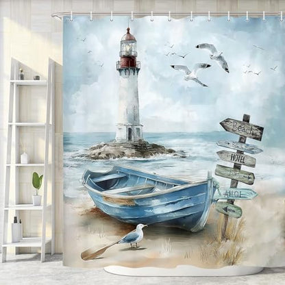Nautical Coastal Shower Curtain, Ocean Beach Lighthouse Shower Curtain, Blue Teal Seasides Sailboat Bathroom Accessories Fabric Waterproof with Hooks,60X70in