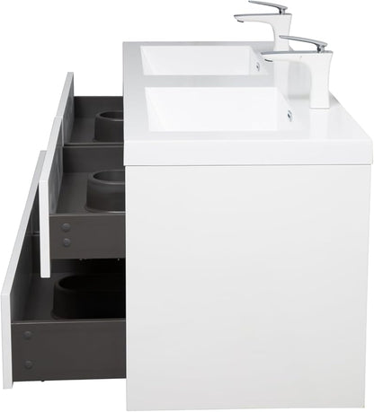 60" Floating Bathroom Vanity, Wall-Mounted Double Sink Vanity, Pre-Assembled Modern Floating Storage Cabinet with Stone Resin Countertop & Soft-Close Drawers, Glossy White
