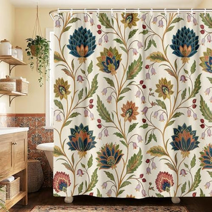 Vintage Floral Shower Curtain for Bathroom, Rustic Farmhouse Beige and Teal Sage Green Boho Botanical Shower Curtains, Retro Cottagecore Wildflower Aesthetic Bath Curtain Set with Hooks， 72 x 72 Inch