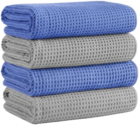 Microfiber Waffle Bath Towels, 4 Pieces, Soft, Absorbent, Fast Drying, Lint Free 430 GSM (27''x55''/68.58 cm x139.7 cm) (Silver+Dark Blue)