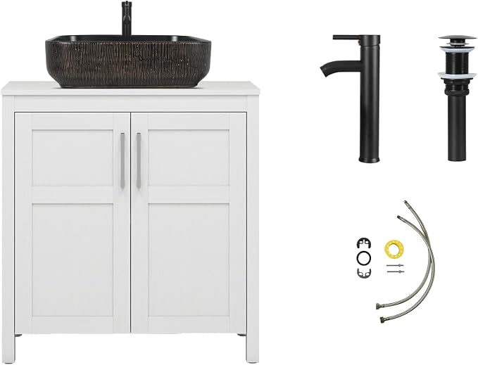 YOURLITE 30" Bathroom Vanity with Sink, White Bathroom Vanity and Sink Combo with Faucet & Pop Up Drain Set,Traditional Vanity with with Black & Gold Ceramic Sink