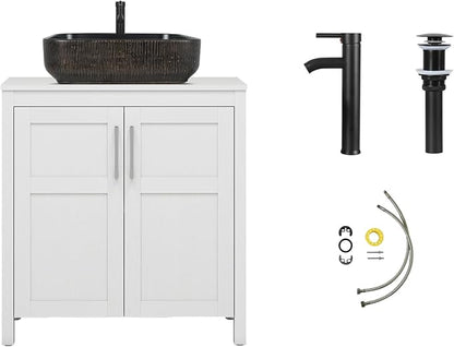 YOURLITE 30" Bathroom Vanity with Sink, White Bathroom Vanity and Sink Combo with Faucet & Pop Up Drain Set,Traditional Vanity with with Black & Gold Ceramic Sink