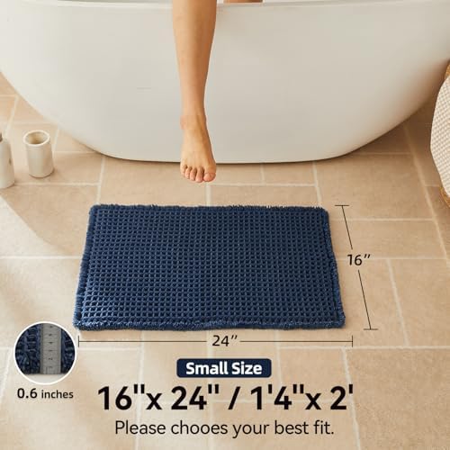 Triohero Waffle Bath Mat, Small Boho Bathroom Rugs Non Slip 16x24 Navy Blue