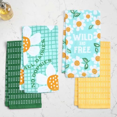 Ritz 4-Piece Kitchen Towel Set, All Daisies & Wild and Free Floral Prints with Pine Green & Yellow Textured Terry, 100% Cotton & Absorbent Blend, 16" x 26", Boho Spring Daisy Kitchen Decor