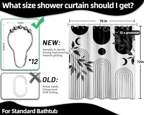 Mid Century Modern White and Black Shower Curtain Bohemian MCM Black and White Shower Curtains for Mens Bathroom Decor, Boho Minimalist Pattern, Waterproof Cloth Fabric with Hooks 70x72 in