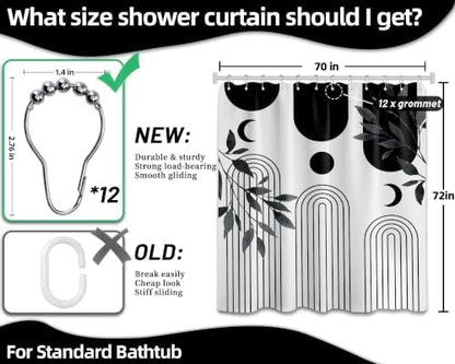 Mid Century Modern White and Black Shower Curtain Bohemian MCM Black and White Shower Curtains for Mens Bathroom Decor, Boho Minimalist Pattern, Waterproof Cloth Fabric with Hooks 70x72 in