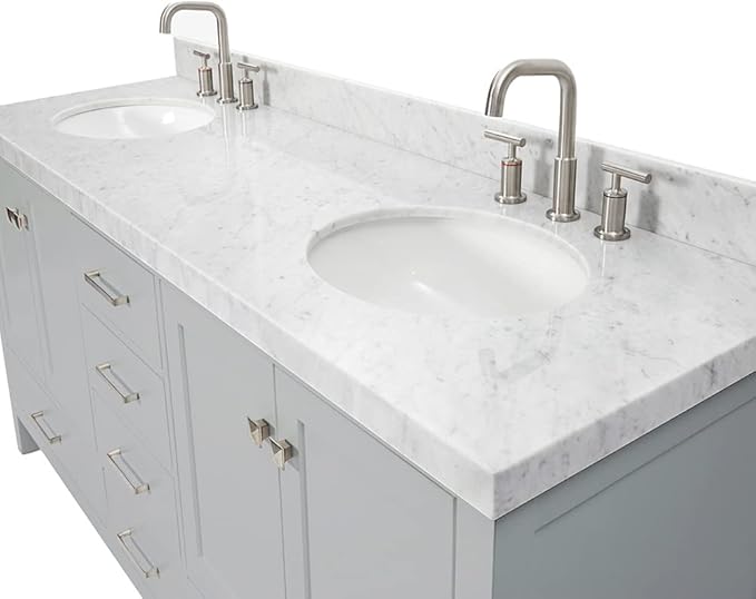 ARIEL Cambridge 72-inch Bathroom Vanity with Sink,Solid Wood, 2-inch Italian Carrara Marble Countertop & Backsplash, Double Oval Porcelain Sink, 4 Soft Closing Doors, 6 Dovetail Drawers, Grey