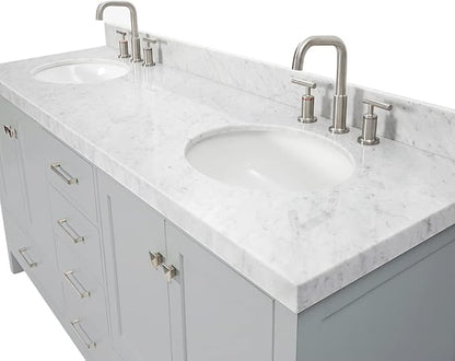 ARIEL Cambridge 72-inch Bathroom Vanity with Sink,Solid Wood, 2-inch Italian Carrara Marble Countertop & Backsplash, Double Oval Porcelain Sink, 4 Soft Closing Doors, 6 Dovetail Drawers, Grey