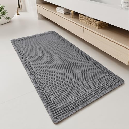 RESARE Waffle Bathroom Runner Rugs, Non Slip Boho Bath Mat 24x48 Dark Grey