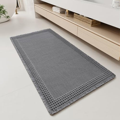 RESARE Waffle Bathroom Runner Rugs, Non Slip Boho Bath Mat 24x48 Dark Grey
