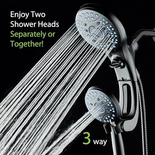 AquaCare 50-mode High Pressure Shower Head Combo with Arm & Dual Power Wash | Hygienic Jets, 2-mode Handheld Power Wash for Tub, Tile & Pets, Long 6 ft. Stainless Steel Hose, Extra Wall Bracket / Black