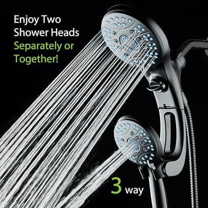 AquaCare 50-mode High Pressure Shower Head Combo with Arm & Dual Power Wash | Hygienic Jets, 2-mode Handheld Power Wash for Tub, Tile & Pets, Long 6 ft. Stainless Steel Hose, Extra Wall Bracket / Black