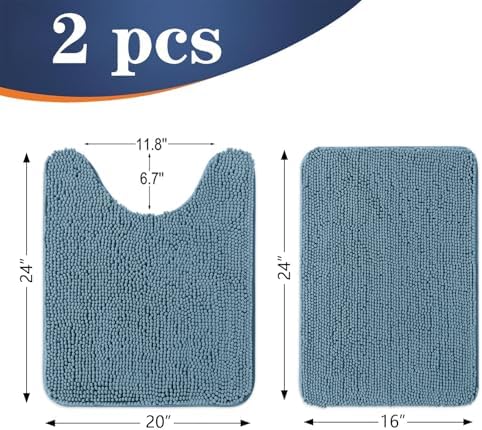 OLANLY Chenille Bathroom Rugs Mats Sets 2 Piece, 24"x16"+24"x20", Airy Blue