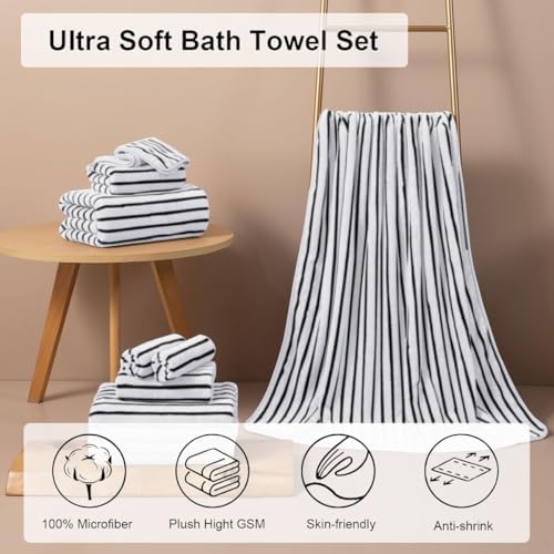 4 Pcs Black White Cabana Stripe Large Bath Towels Oversized Bath Sheet Super Soft Breathable Jumbo Bathroom Towels Highly Absorbent Shower Towel Quick Dry Beach Chair Towel Spa Gym Hotel Towel Set