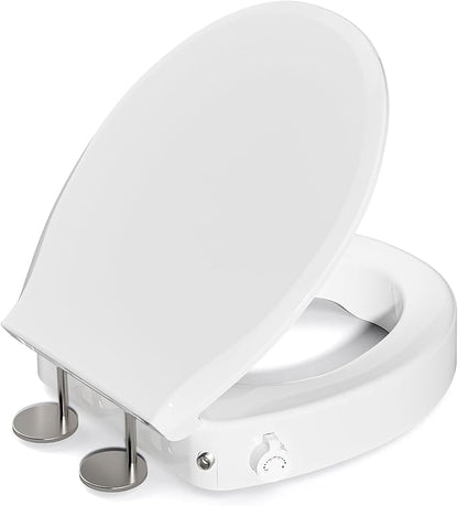 BIGCOW Raised Toilet Seat with Bidet - Round, Soft Close, 3" Height - Dual Nozzle (Frontal & Rear Wash) with Adjustable Cold Water Pressure and Stainless Steel Inlet (Round)