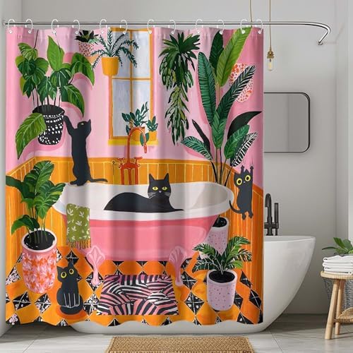 Funny Cat Shower Curtain Boho Cute Fun Black Cats Matisse Shower Curtains for Bathroom Kitten Green Tropical Plant Leaves Pink Orange Yellow Waterproof Fabric Bath Curtain Decor 72 X 78 Inches