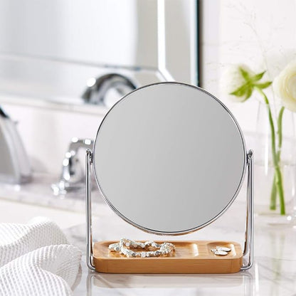 Amazon Basics Vanity Round Tabletop Mirror with 360° Rotation, Double Sided 1x/5x Magnification, Chrome Finish, Squared Bamboo Tray, 7.2"L x 3.35"W