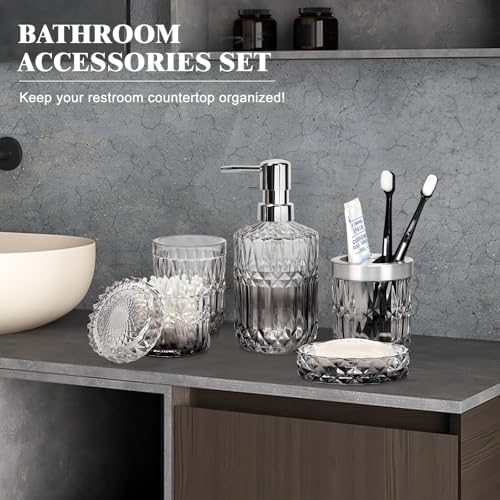 Bathroom Accessories Set, 5Pcs Bathroom Soap Dispenser Set, Glass Bathroom Accessories with Glass Soap Dispenser, Soap Dish, Toothbrush Holder, Tumbler, Cotton Swab Jar (Gradient Clear & Black)