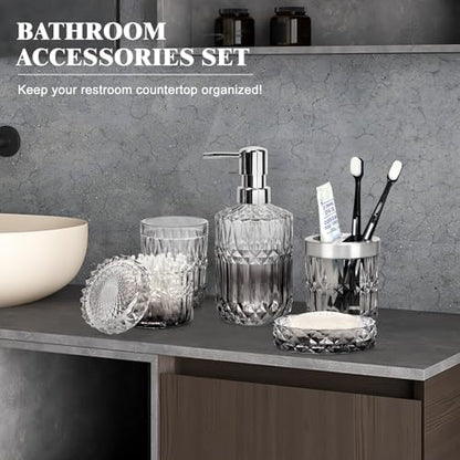 Bathroom Accessories Set, 5Pcs Bathroom Soap Dispenser Set, Glass Bathroom Accessories with Glass Soap Dispenser, Soap Dish, Toothbrush Holder, Tumbler, Cotton Swab Jar (Gradient Clear & Black)