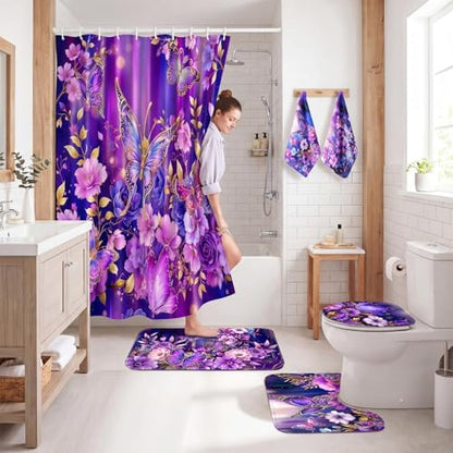 FuWeave 8 Pcs Purple Butterfly Shower Curtain Set for Bathroom Decor Include Elegant Purple Floral Shower Curtain Butterfly Towels Non Slip Rugs Toilet Lid Cover Bath Mat and 12 Hooks