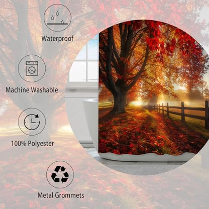 Fall Decor Shower Curtain, Golden Autumn Forest Leaves Natural Sunshine Farmhouse Bathroom Decor，Waterproof Cloth Fabric Bathroom Curtain Set with Hooks 72 x 72 inch