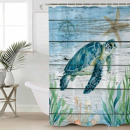 Shower Curtain Bathroom Set Sea Turtle Seagrass Starfish Waterproof Shower Curtains with Grommets Hooks Nautical Compass Blue Gradient Privacy Bath Curtain for Bathtub Decor 36x72in
