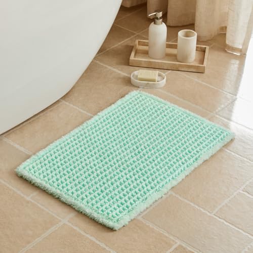 Triohero Waffle Bath Mat, Small Boho Bathroom Rugs, 16x24 Sea Foam Blue