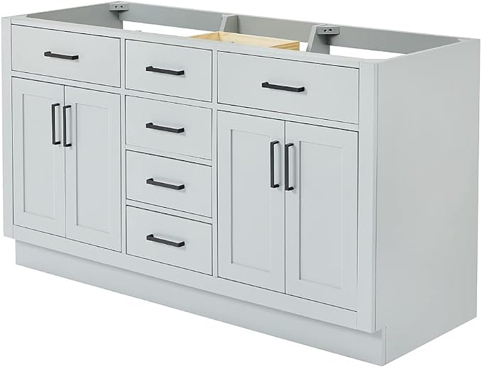 ARIEL Hepburn 60-inch Bathroom Vanity with Sink,Solid Wood, 1.5-inch Carbon Black Quartz Countertop, Double Rectangular Porcelain Sink, Soft Closing Doors, Dovetail Drawers, Grey