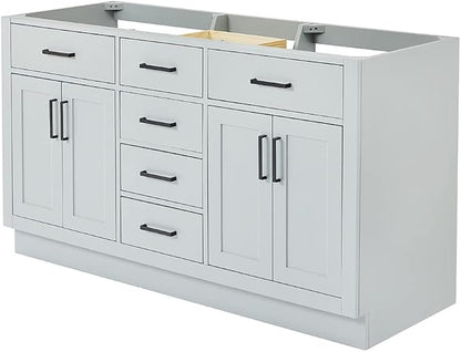 ARIEL Hepburn 60-inch Bathroom Vanity with Sink,Solid Wood, 1.5-inch Carbon Black Quartz Countertop, Double Rectangular Porcelain Sink, Soft Closing Doors, Dovetail Drawers, Grey