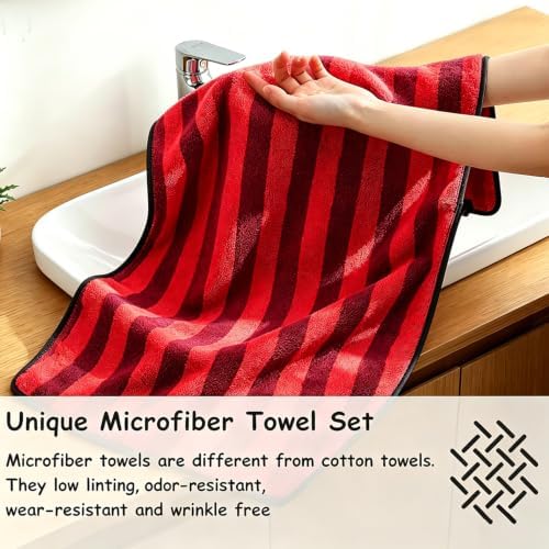 18 Pcs Red Black Cabana Stripe Bath Towel Set with Hanging Loop-6 Bath Towels,6 Hand Towels,6 Washcloths Family Towels Soft Microfiber Highly Absorbent Shower Towel for Bathroom Beach Spa Gym