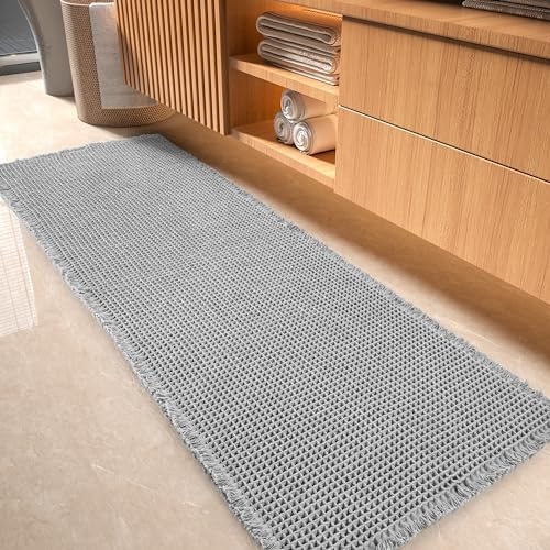 tchdio Waffle Bath Mat-Runner Rug, Super Absorbent Non Slip Bath Mats for Bathroom Machine Washable Long Rugs with Tassels, Bath Rugs for Bathroom Floor Beside Tub, 2' x 6'