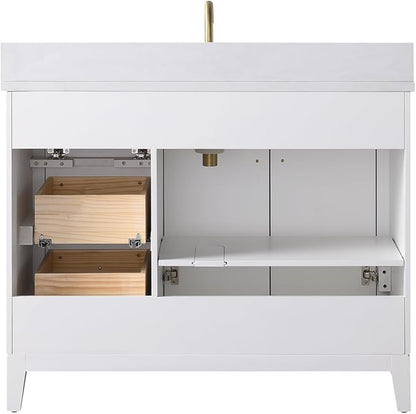 Vanity Art 42" Bathroom Vanity with Single Sink & Arabescato White Engineered Stone Top, Vanity Cabinet with Soft Closing Door, Solid Wood Frame, Golden Brushed Handles, White VA8142-W-GB