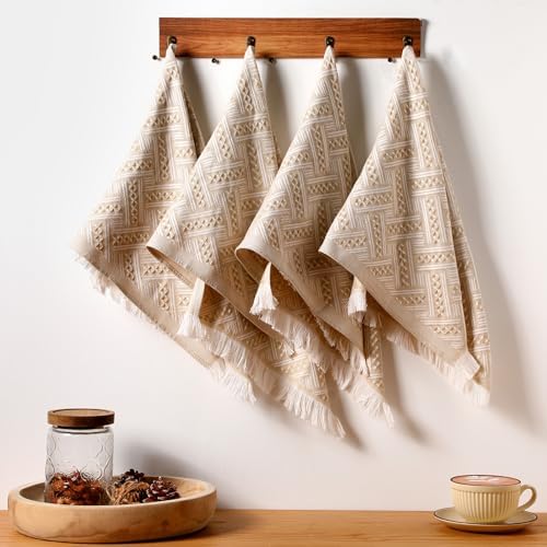 HunnmingRe 4 Pack Boho Hand Towel for Kitchen, Brown,White