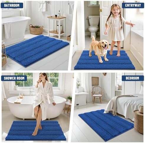 Grandaily Chenille Striped Bathroom Rugs 36x24, Extra Thick and Soft Absorbent Bath Mats, Rubber Backing, Plush Shaggy Shower Carpet, Machine Wash Dry, Bath Rug for Bathroom, Deep Navy Blue