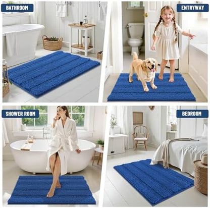 Grandaily Chenille Striped Bathroom Rugs 36x24, Extra Thick and Soft Absorbent Bath Mats, Rubber Backing, Plush Shaggy Shower Carpet, Machine Wash Dry, Bath Rug for Bathroom, Deep Navy Blue