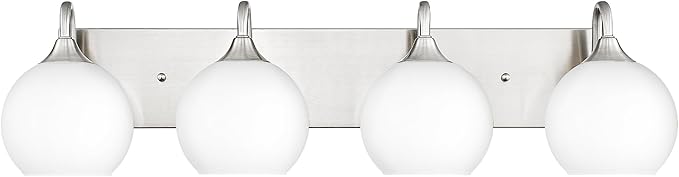 Emak Modern 4-Light Bathroom Lighting Fixtures Over Mirror, Brushed Nickel Vanity Light with Milk Glass Shade, 29 Inch Globe Vanity Lights for Bathroom, Mirror, VL118-BN-ML-4