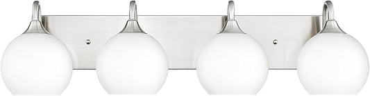 Emak Modern 4-Light Bathroom Lighting Fixtures Over Mirror, Brushed Nickel Vanity Light with Milk Glass Shade, 29 Inch Globe Vanity Lights for Bathroom, Mirror, VL118-BN-ML-4