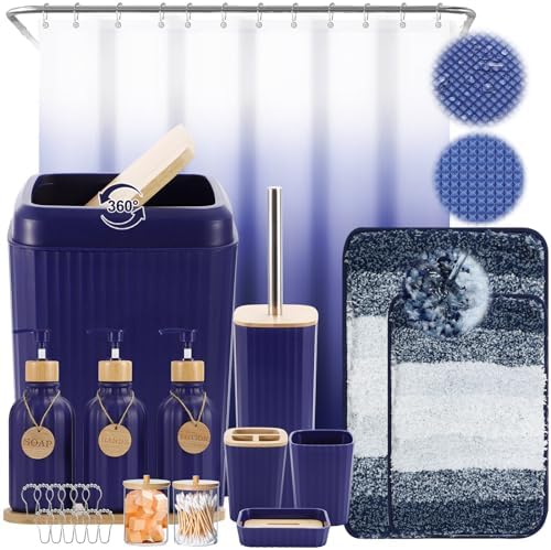 XLHOMO 32PCS Bathroom Sets with Shower Curtain and Rugs Navy Blue Shower Curtain Set 3PCS Soap Dispenser Bathroom Accessories with Bathroom Trash Can