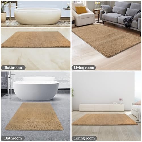 Yeaban Chenille Beige Bathroom Rug 30"x50",Non-Slip Rubber Backing