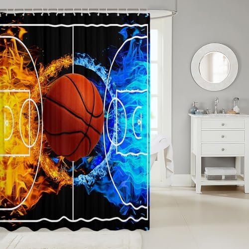 jejeloiu Basketball Bath Curtain Boys Girls 72"x78" Gaming Sports Shower Curtain for Kids Women Men Waterproof Ice Fire Bathroom Shower Curtain Set Gift for Basketball Lover
