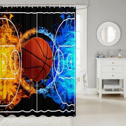 jejeloiu Basketball Bath Curtain Boys Girls 72"x72" Gaming Sports Shower Curtain for Kids Women Men Waterproof Ice Fire Bathroom Shower Curtain Set Gift for Basketball Lover