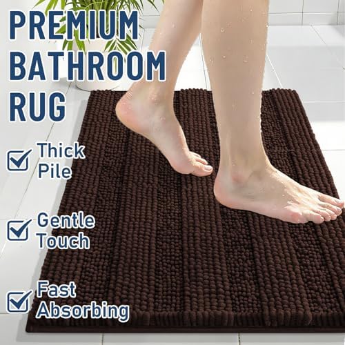 Grandaily Chenille Striped Bathroom Rugs 30x20, Extra Thick and Soft Absorbent Bath Mats, Rubber Backing, Plush Shaggy Shower Carpet, Machine Wash Dry, Bath Rug for Bathroom, Dark Brown