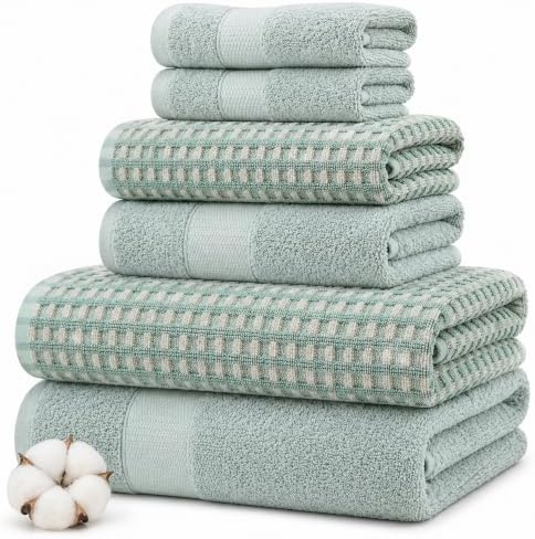 Modern Threads 6 Piece Bath Towel Set – Bathroom Towel Set with 2 Bath Towels, 2 Hand Towels & 2 Washcloths – 100% Cotton, Soft & Absorbent – Waffle (Sage Mist)