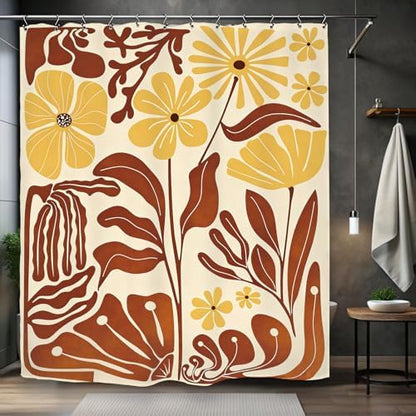 Matisse Flower Terracotta Shower Curtain 60Wx72L Inch Abstract Retro Aesthetic Minimalist Vintage Art 70s Brown Yellow Bathroom Set Accessories Decor with 12 Pack Hooks