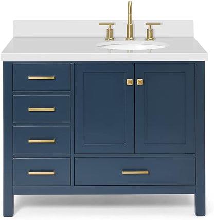 ARIEL Cambridge 42-inch Bathroom Vanity with Sink,Solid Wood, 1.5-inch Pure White Quartz Countertop & Backsplash, Single Oval Porcelain Sink, 2 Soft Closing Doors, 5 Dovetail Drawers, Midnight Blue
