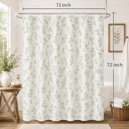 Green Floral Farmhouse Shower Curtain, Vintage Botanical Bathroom Curtain, Rustic Country Wildflower Bath Decor Linen Texture Waterproof Fabric Curtains, Sage Green Floral Bath Curtain 72 x 72 Inch