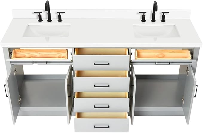DKB Isabella 72 Inch Bathroom Vanity Double Sink — Grey Bathroom Vanity with Sink, 1.5" Edge Pure White Quartz Countertop, 4 Soft-Close Doors, 4 Dovetail Drawers, and 2 Tilt Drawers