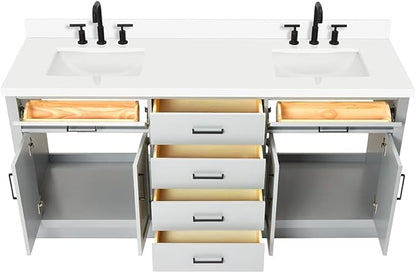 DKB Isabella 72 Inch Bathroom Vanity Double Sink — Grey Bathroom Vanity with Sink, 1.5" Edge Pure White Quartz Countertop, 4 Soft-Close Doors, 4 Dovetail Drawers, and 2 Tilt Drawers