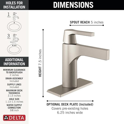 Delta Faucet Zura Single Hole Bathroom Faucet Brushed Nickel, Single Handle Bathroom Faucet, Diamond Seal Technology, Metal Drain Assembly, Stainless 574-SSMPU-DST